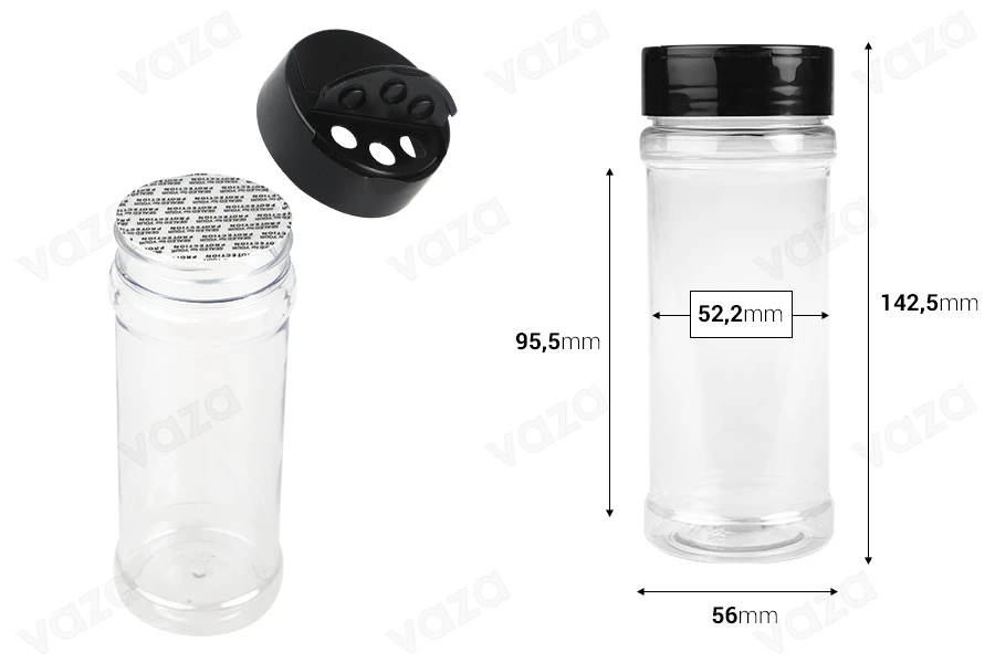 Διάφανο πλαστικό (PET) βαζάκι 250 ml με μαύρο καπάκι και εσωτερικό παρέμβυσμα (PE) για μπαχαρικά - 6 τμχ-εικόνα_διαστάσεις