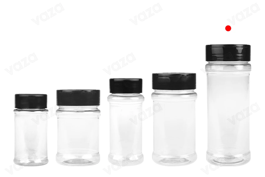 Διάφανο πλαστικό (PET) βαζάκι 250 ml με μαύρο καπάκι και εσωτερικό παρέμβυσμα (PE) για μπαχαρικά - 6 τμχ-εικόνα_σύνθεση
