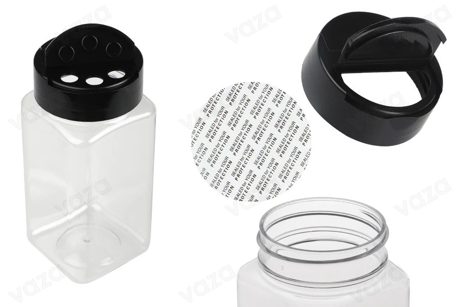 Διάφανο πλαστικό (PET) βαζάκι 250 ml με μαύρο καπάκι και εσωτερικό παρέμβυσμα (PE) για μπαχαρικά - 6 τμχ-εικόνα_προϊοντική
