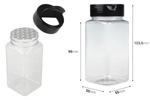 Barattolo per spezie in plastica trasparente (PET) (52x122 mm) 250 ml con coperchio nero e sigillo interno (PE)-2