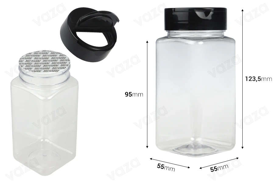 Διάφανο πλαστικό (PET) βαζάκι 250 ml με μαύρο καπάκι και εσωτερικό παρέμβυσμα (PE) για μπαχαρικά - 6 τμχ-εικόνα_διαστάσεις