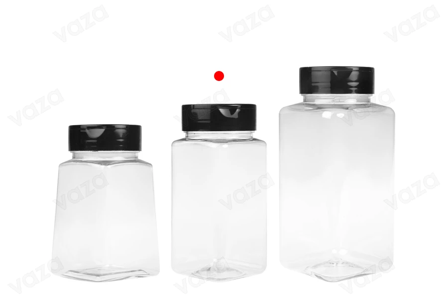 Διάφανο πλαστικό (PET) βαζάκι 250 ml με μαύρο καπάκι και εσωτερικό παρέμβυσμα (PE) για μπαχαρικά - 6 τμχ-εικόνα_σύνθεση