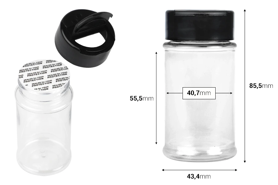 Διάφανο πλαστικό (PET) βαζάκι 80 ml με μαύρο καπάκι και εσωτερικό παρέμβυσμα (PE) για μπαχαρικά - 6 τμχ
