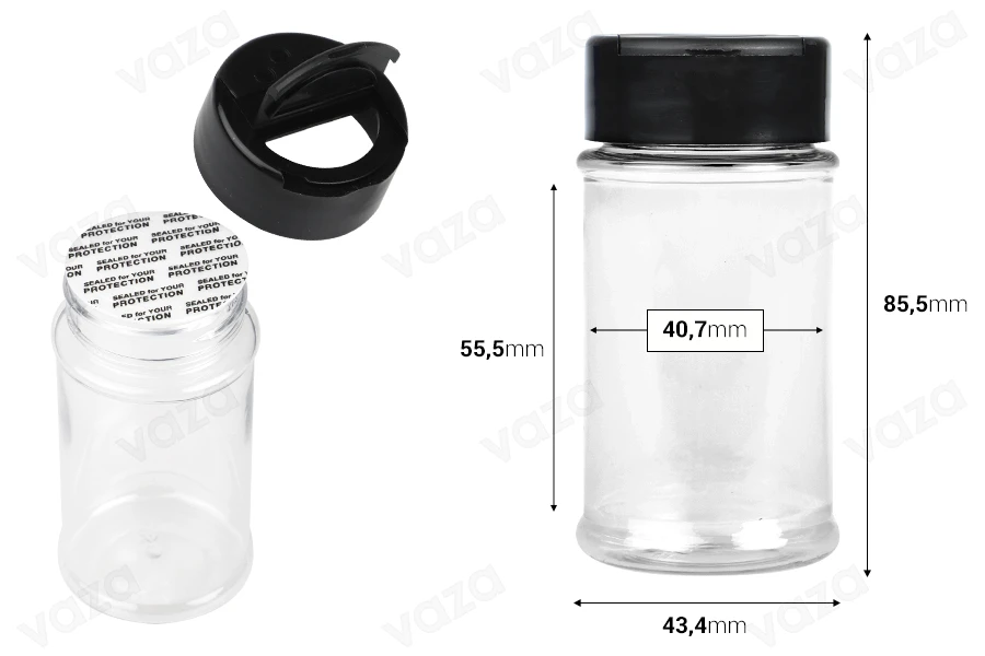 Διάφανο πλαστικό (PET) βαζάκι 80 ml με μαύρο καπάκι και εσωτερικό παρέμβυσμα (PE) για μπαχαρικά - 6 τμχ-εικόνα_διαστάσεις