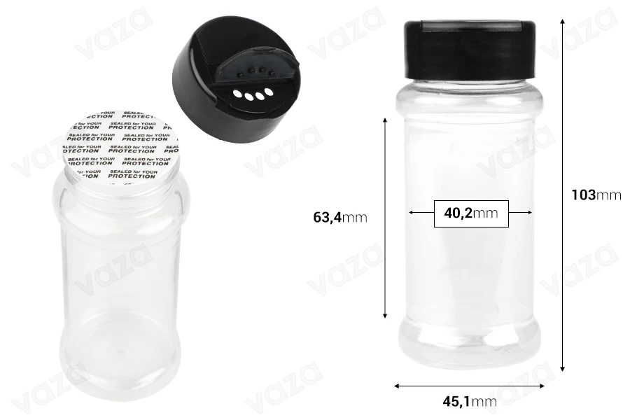 Διάφανο πλαστικό (PET) βαζάκι 100 ml με μαύρο καπάκι και εσωτερικό παρέμβυσμα (PE) για μπαχαρικά - 6 τμχ-εικόνα_διαστάσεις