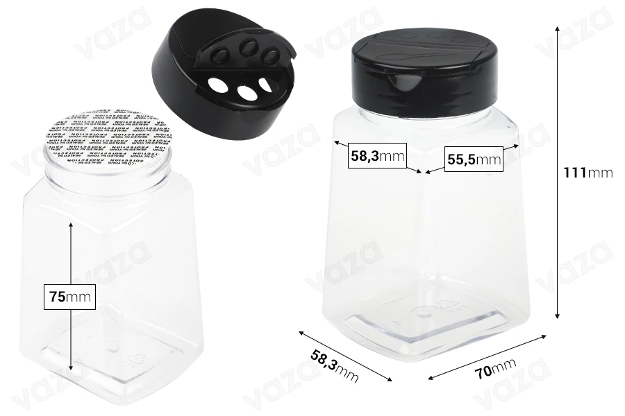 Transparent plastic (PET) spice jar 260 ml with black lid and inner seal (PE) Transparent plastic (PET) spice jar 260 ml with black lid and inner seal (PE)-image_dimensions