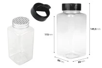 Διάφανο πλαστικό (PET) βαζάκι 500 ml με μαύρο καπάκι και εσωτερικό παρέμβυσμα (PE) για μπαχαρικά - 6 τμχ