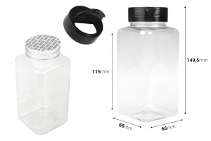 Barattolo per spezie in plastica trasparente (PET) da 500 ml con coperchio nero e guarnizione interna (PE)-2