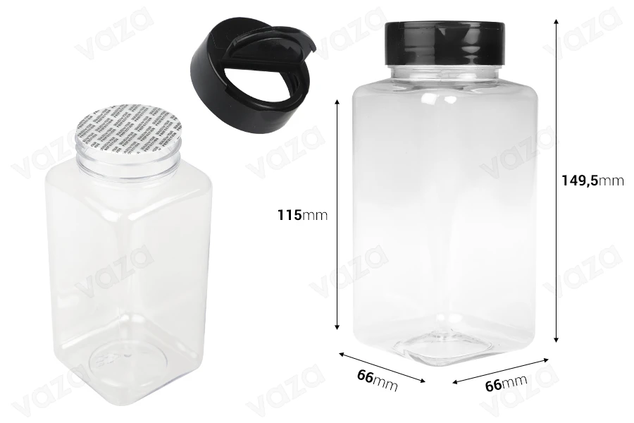 Transparent plastic (PET) spice jar 500 ml with black lid and inner seal (PE) Transparent plastic (PET) spice jar 500 ml with black lid and inner seal (PE)-image_dimensions