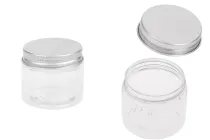 Vasetto in plastica (PET) trasparente da 50 ml con tappo in alluminio argentato con sigillo