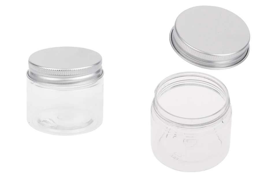 Vasetto in plastica (PET) trasparente da 50 ml con tappo in alluminio argentato con sigillo