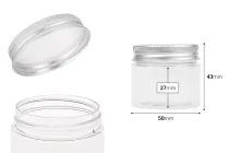 Vasetto in plastica (PET) trasparente da 50 ml con tappo in alluminio argentato con sigillo
