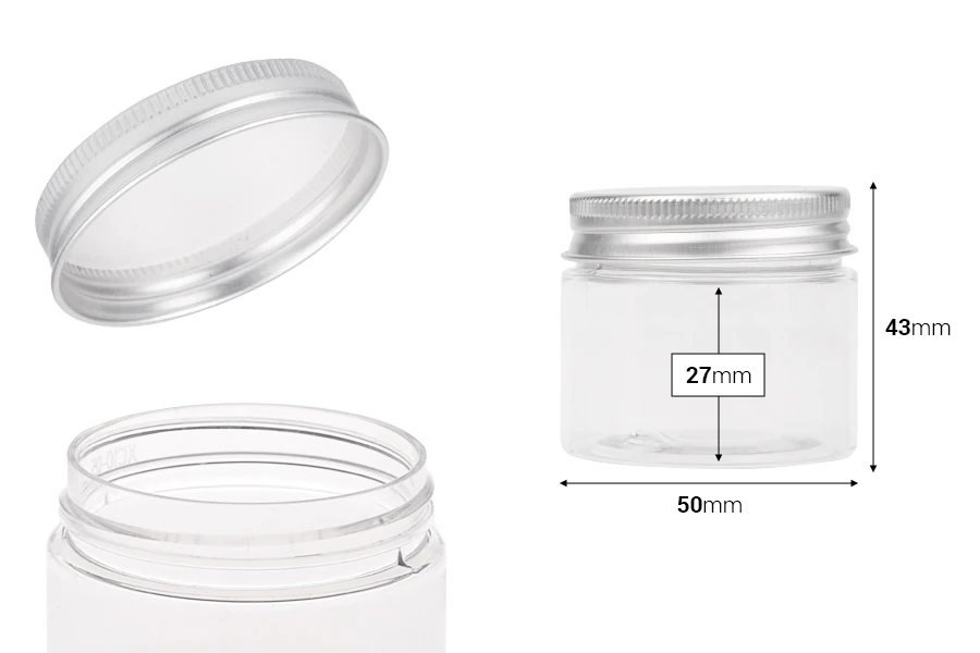 Vasetto in plastica (PET) trasparente da 50 ml con tappo in alluminio argentato con sigillo
