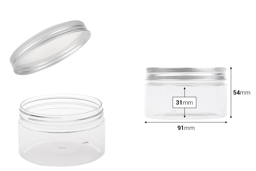 Διάφανο PET βαζάκι 200ml με ασημί αλουμινένιο καπάκι με παρέμβυσμα - 12 τμχ Διάφανο PET βαζάκι 200ml με ασημί αλουμινένιο καπάκι με παρέμβυσμα - 12 τμχ
