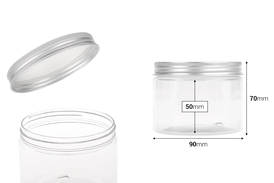 Διάφανο PET βαζάκι 300ml με ασημί αλουμινένιο καπάκι με παρέμβυσμα - 6 τμχ Διάφανο PET βαζάκι 300ml με ασημί αλουμινένιο καπάκι με παρέμβυσμα - 6 τμχ