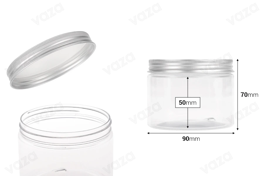 Διάφανο PET  βαζάκι 300ml με ασημί αλουμινένιο καπάκι με παρέμβυσμα - 6 τμχ-εικόνα_διαστάσεις