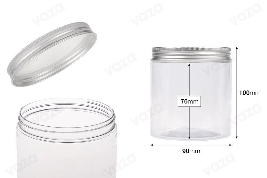 Kavanoz PET transparent 500ml me kapak alumini ngjyrë argjendi me tapë të brëndshme - 6 copë Kavanoz PET transparent 500ml me kapak alumini ngjyrë argjendi me tapë të brëndshme - 6 copë -εικόνα_διαστάσεις