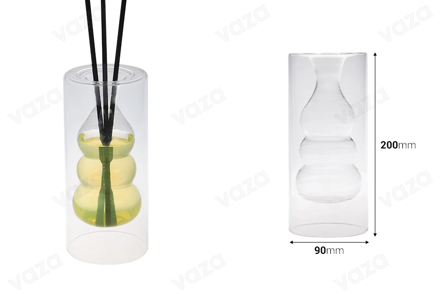 Γυάλινο δοχείο 350 ml δίχωρο (90x200 mm) από φυσητό γυαλί κατάλληλο για αρωματικό χώρου - διάφανο-εικόνα_διαστάσεις