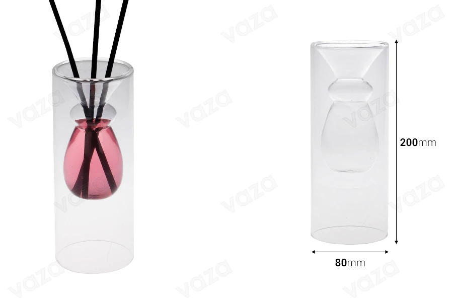 Double wall glass reed diffuser bottle 230 ml (80x200 mm) made of blown glass - transparent-image_dimensions