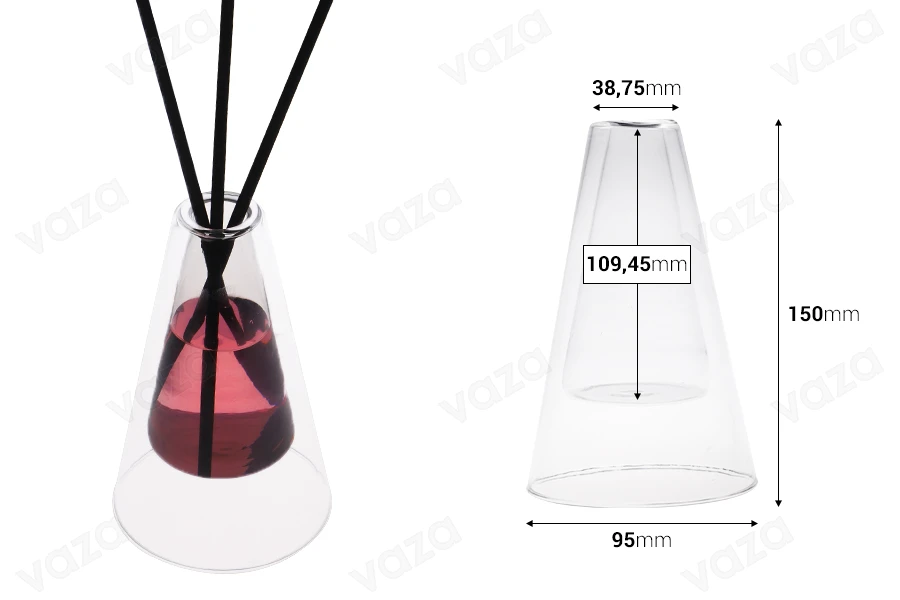 Enë qelqi me dy shtresa 155 ml (95x150 mm) e përshtatshme për aromatizues ambienti – transparente.-imazh_dimensione