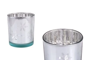 Bougeoir décoratif de Noël en verre argenté avec flocons de neige (sans couvercle)-1