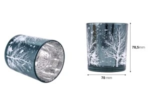 Bougeoir décoratif de Noël en verre bleu avec arbres enneigés (sans couvercle)-2