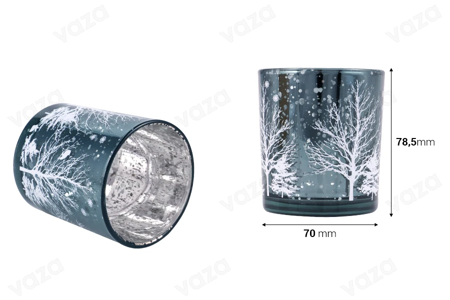 Weihnachts-Dekorationskerzenhalter aus Glas mit schneebedeckten Bäumen (ohne Deckel) in blau-bildabmessungen