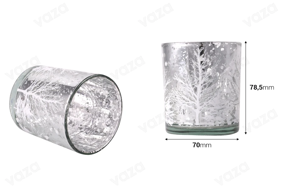 Weihnachts-Dekorationskerzenhalter aus Glas mit schneebedeckten Bäumen (ohne Deckel) in Silber Weihnachts-Dekorationskerzenhalter aus Glas mit schneebedeckten Bäumen (ohne Deckel) in Silber-εικόνα_διαστάσεις