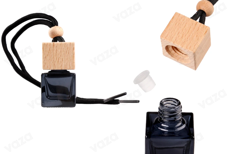 8ml schwarze quadratische Auto-Lufterfrischerflasche mit quadratischem Holzverschluss und Stopfen – 6 Stk 8ml schwarze quadratische Auto-Lufterfrischerflasche mit quadratischem Holzverschluss und Stopfen – 6 Stk-produktbild