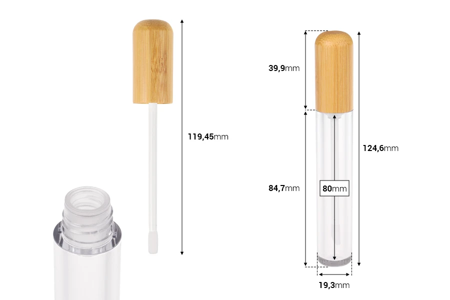 Θήκη για lip gloss 7 ml διάφανη με bamboo καπάκι και αποστραγγιστήρα - 6 τμχ