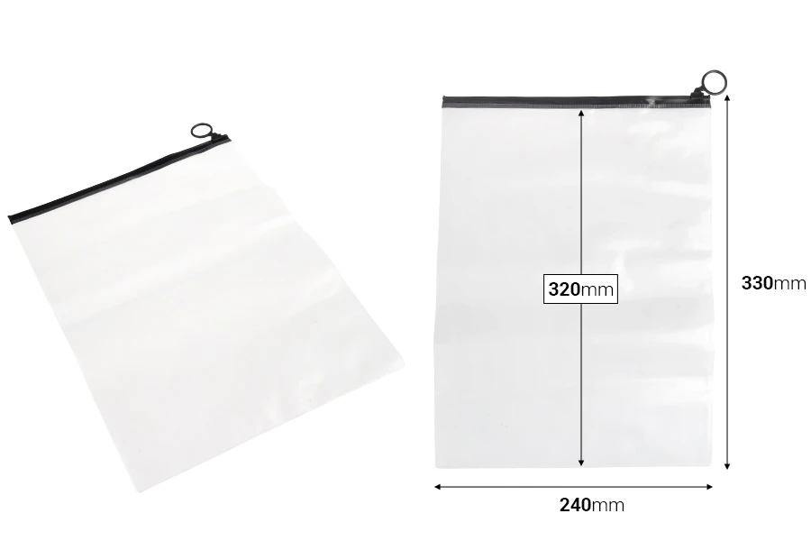 Durchsichtige Beutel (PVC) 240x330 mm mit schwarzem Zip-Verschluss - 12 Stück Durchsichtige Beutel (PVC) 240x330 mm mit schwarzem Zip-Verschluss - 12 Stück