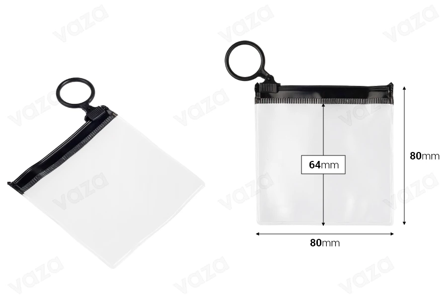 Durchsichtige Beutel (PVC) 80x80 mm mit schwarzem Zip-Verschluss - 12 Stück-bildabmessungen