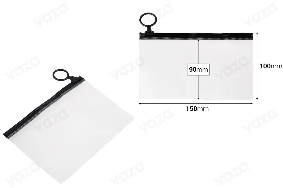 Durchsichtige Beutel (PVC) 150x100 mm mit schwarzem Zip-Verschluss - 12 Stück Durchsichtige Beutel (PVC) 150x100 mm mit schwarzem Zip-Verschluss - 12 Stück-bildabmessungen