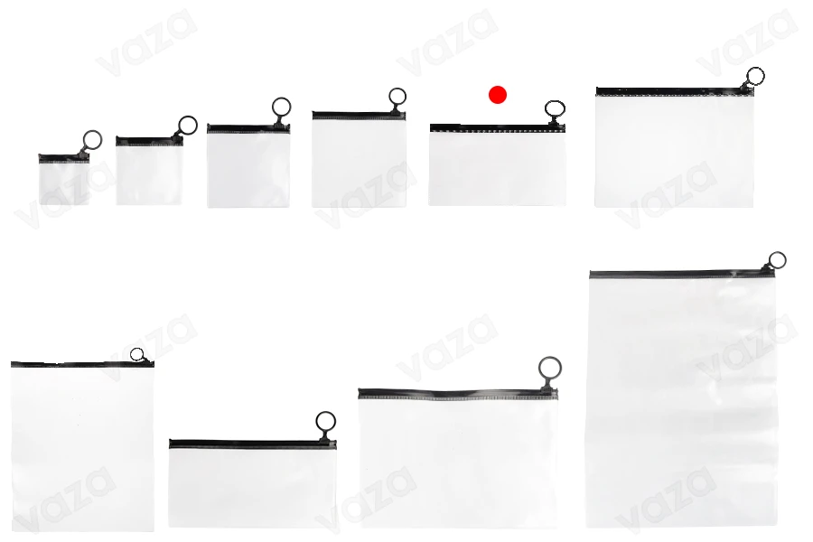 Durchsichtige Beutel (PVC) 150x100 mm mit schwarzem Zip-Verschluss - 12 Stück Durchsichtige Beutel (PVC) 150x100 mm mit schwarzem Zip-Verschluss - 12 Stück-bildgruppe