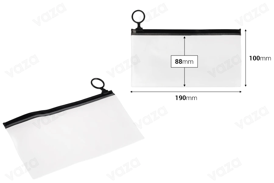 Translucent bag (PVC) 190x100 mm with black zip closure - 12 pcs Translucent bag (PVC) 190x100 mm with black zip closure - 12 pcs-εικόνα_διαστάσεις