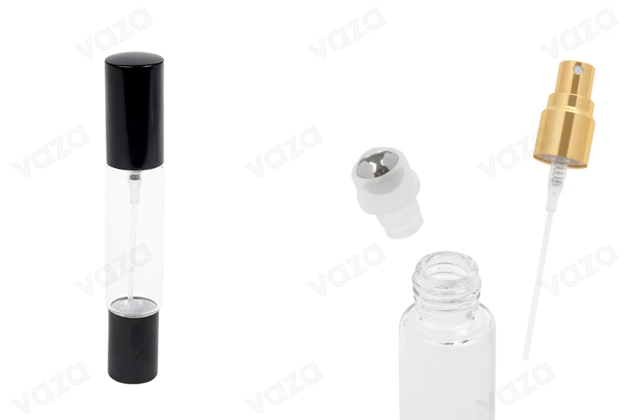 10 ml transparente Glasflasche mit Spray und Roll-on und Verschluss in Gold oder Schwarz – 6 Stück-produktbild