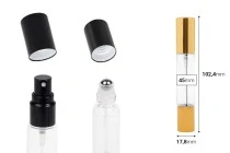 Γυάλινο διάφανο μπουκαλάκι 10ml με σπρέι και roll on και καπάκι σε χρυσό ή μαύρο χρώμα - 6 τμχ Γυάλινο διάφανο μπουκαλάκι 10ml με σπρέι και roll on και καπάκι σε χρυσό ή μαύρο χρώμα - 6 τμχ