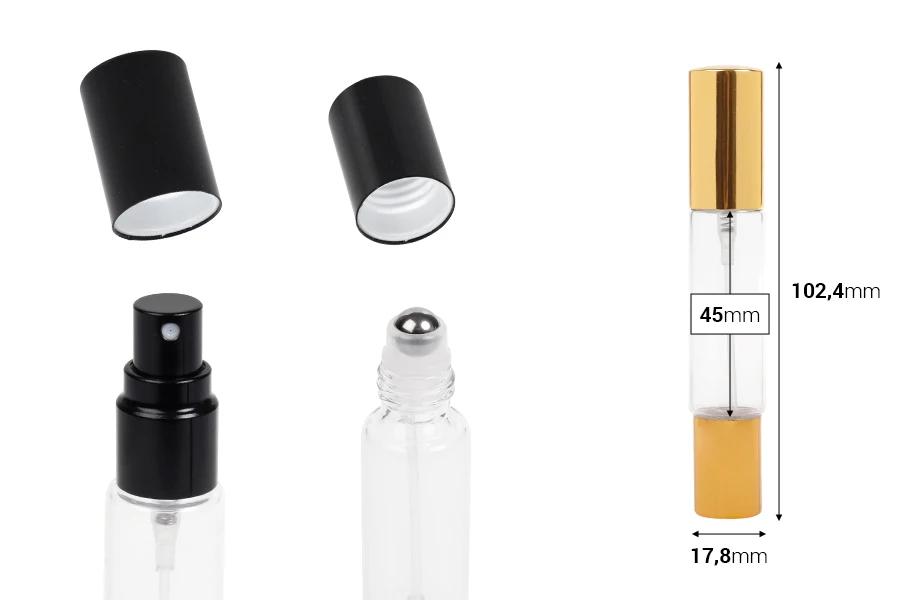 Γυάλινο διάφανο μπουκαλάκι 10ml με σπρέι και roll on και καπάκι σε χρυσό ή μαύρο χρώμα - 6 τμχ Γυάλινο διάφανο μπουκαλάκι 10ml με σπρέι και roll on και καπάκι σε χρυσό ή μαύρο χρώμα - 6 τμχ