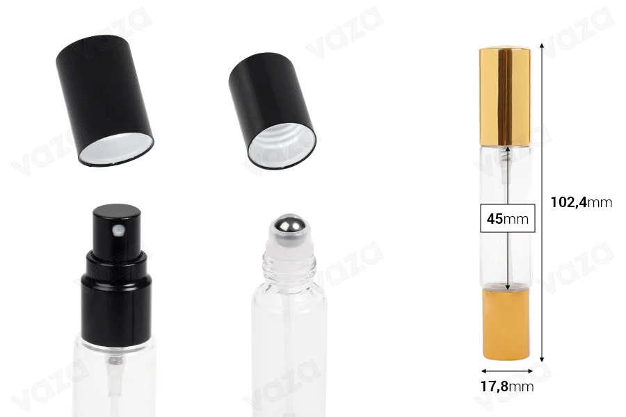 10 ml transparente Glasflasche mit Spray und Roll-on und Verschluss in Gold oder Schwarz – 6 Stück-bildabmessungen