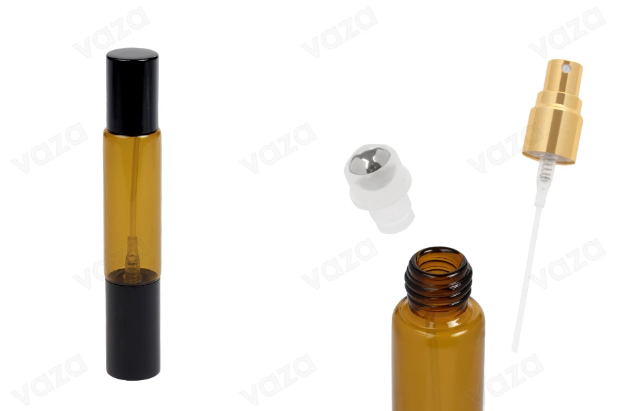 Γυάλινο καραμελέ μπουκαλάκι 10ml με σπρέι και roll on και καπάκι σε χρυσό ή μαύρο χρώμα - 6 τμχ-εικόνα_προϊοντική