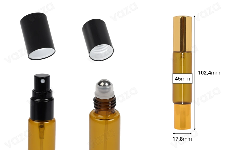 Γυάλινο καραμελέ μπουκαλάκι 10ml με σπρέι και roll on και καπάκι σε χρυσό ή μαύρο χρώμα - 6 τμχ-εικόνα_διαστάσεις