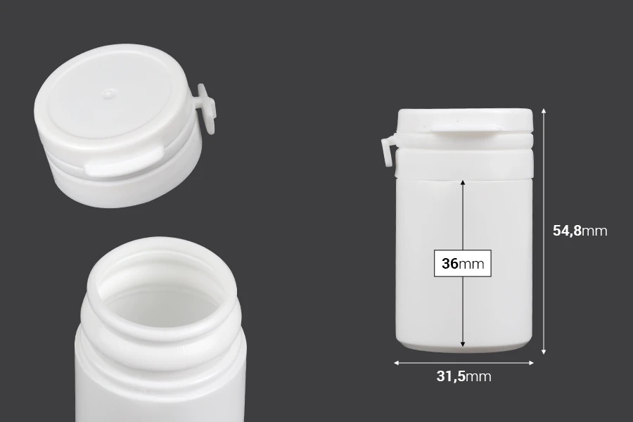 30 ml weißes Plastikgefäß mit Schnappverschluss für Pillen und Kapseln 30 ml weißes Plastikgefäß mit Schnappverschluss für Pillen und Kapseln