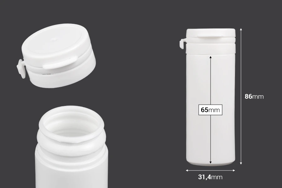 Pot en plastique blanc de 50ml avec bouchon à pression pour pilules et capsules