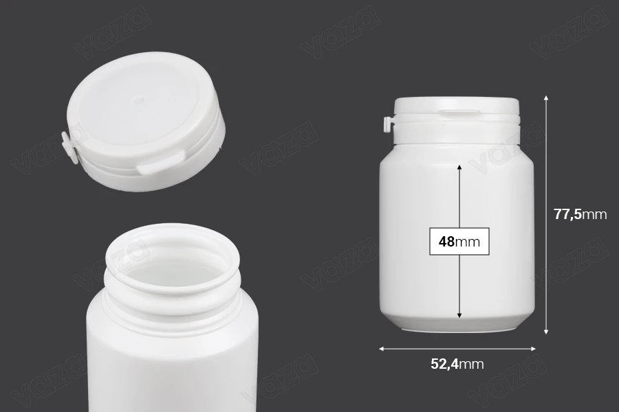 100 ml weißes Plastikgefäß mit Schnappverschluss für Pillen und Kapseln-bildabmessungen