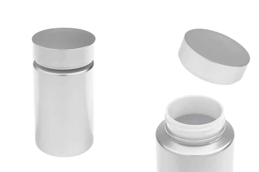 Pot en plastique PET de 120 ml de couleur argent pour pilules et gélules