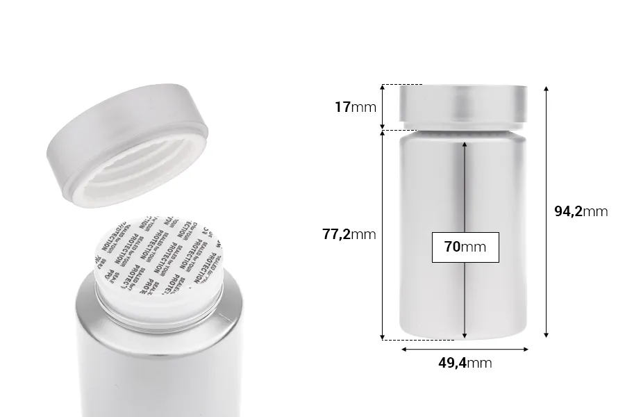 Pot en plastique PET de 120 ml de couleur argent pour pilules et gélules