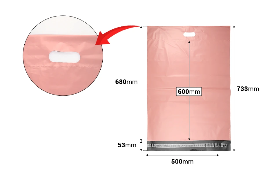 Σακούλες μεταφορών courier 500x600 mm ροζ αδιάβροχες PE με αυτοκόλλητο κλείσιμο και χειρολαβή - 100 τμχ