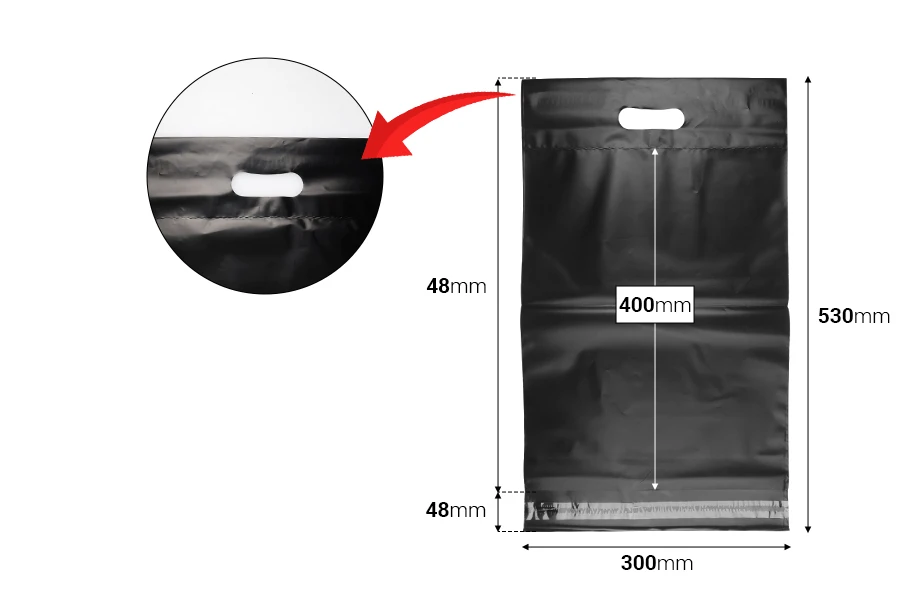 Σακούλες μεταφορών courier 300x400 mm μαύρες αδιάβροχες PE με αυτοκόλλητο κλείσιμο και χειρολαβή - 100 τμχ