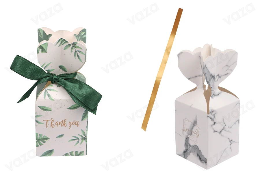 Kuti dhuratash prej letre 50x50x120 mm me kordelë në dizajne të ndryshme - 50 copë               -imazh_produkt