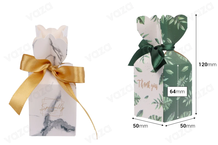 Kuti dhuratash prej letre 50x50x120 mm me kordelë në dizajne të ndryshme - 50 copë               -imazh_dimensione